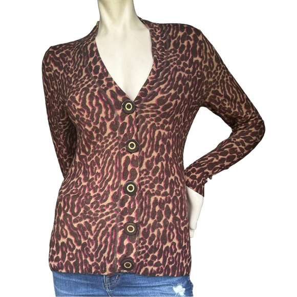 Tory Burch 100% Merino Wool Leopard Print Button Down Cardigan Size Medium - Picture 1 of 13